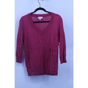 Ann Taylor Loft Women's 100% Cotton V-Neck Sweater Long Sleeve Size L Raspberry